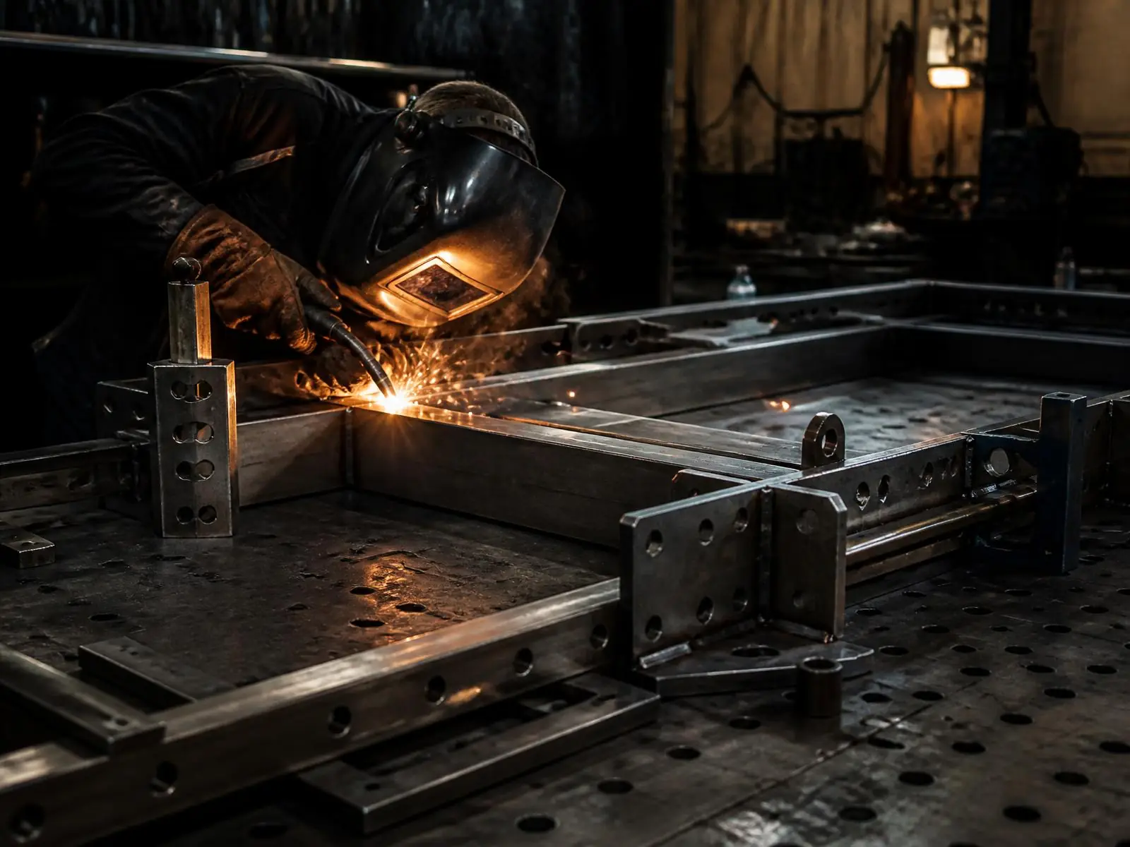 Geschweißte Stahlrahmen und Metallbauteile in einer Fertigungshalle