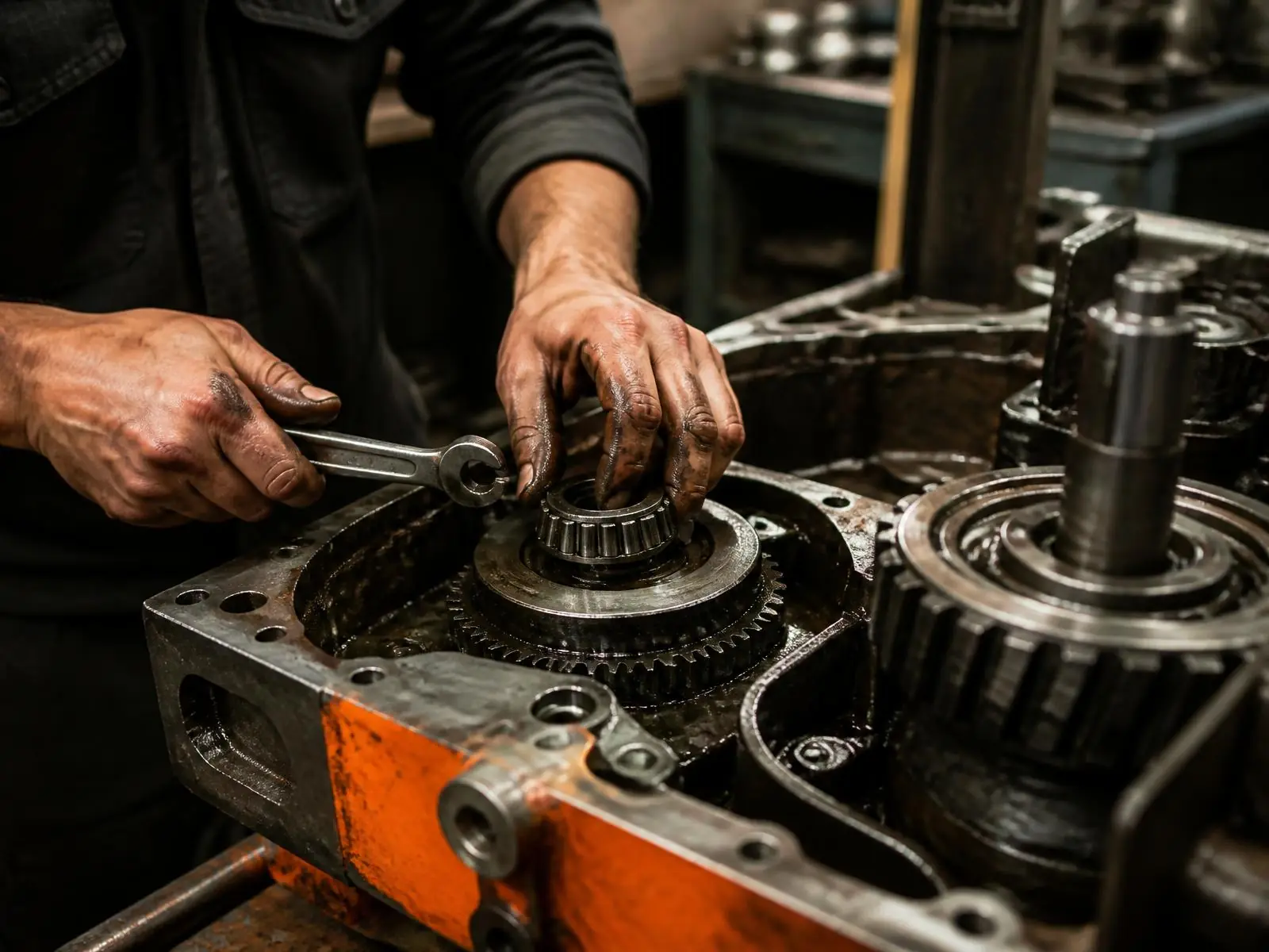 Techniker bei Reparaturarbeiten an einem Getriebe einer Industrieanlage